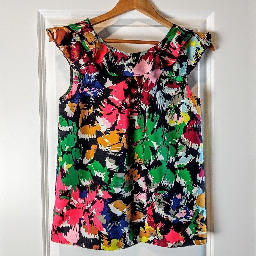 J. Crew Abstract Print Multicolor Ruffle Silk Top - Picture 2 of 7